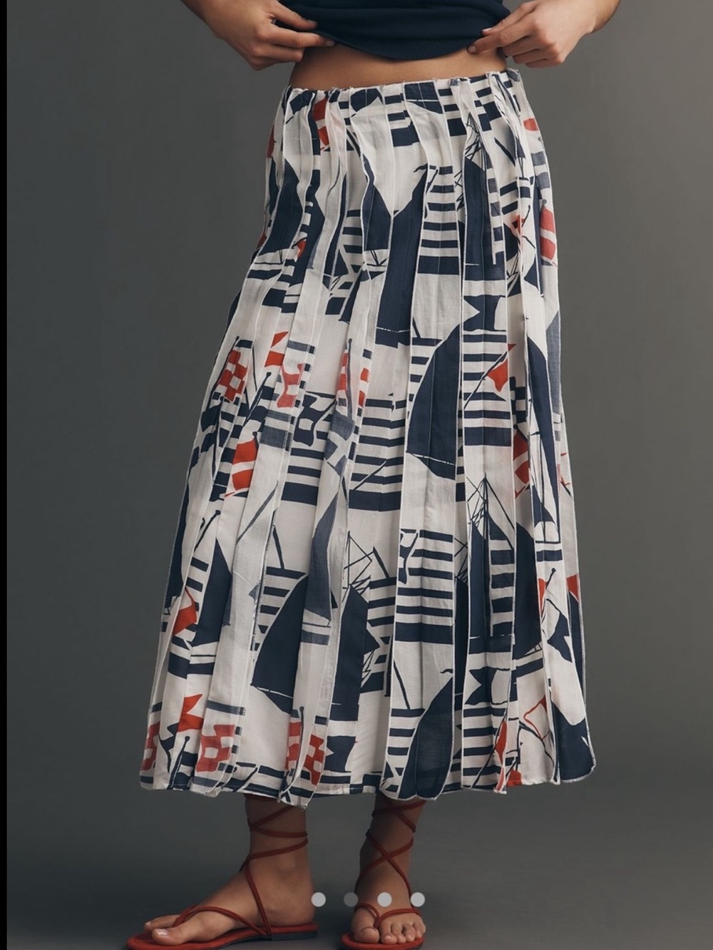 Anthropologie Navy, White & Red Pleated Maxi Skirt